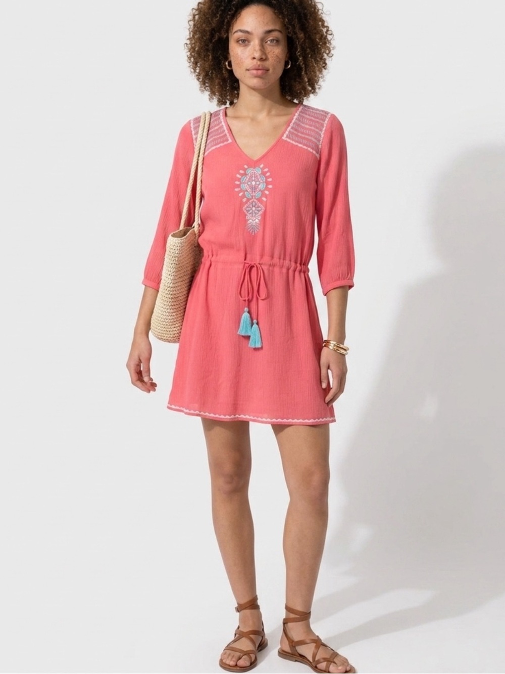 NWOT THML Embroidered Boho 3/4 sleeve Dress with Tassel Tie at Waist in Coral S - Picture 2 of 6